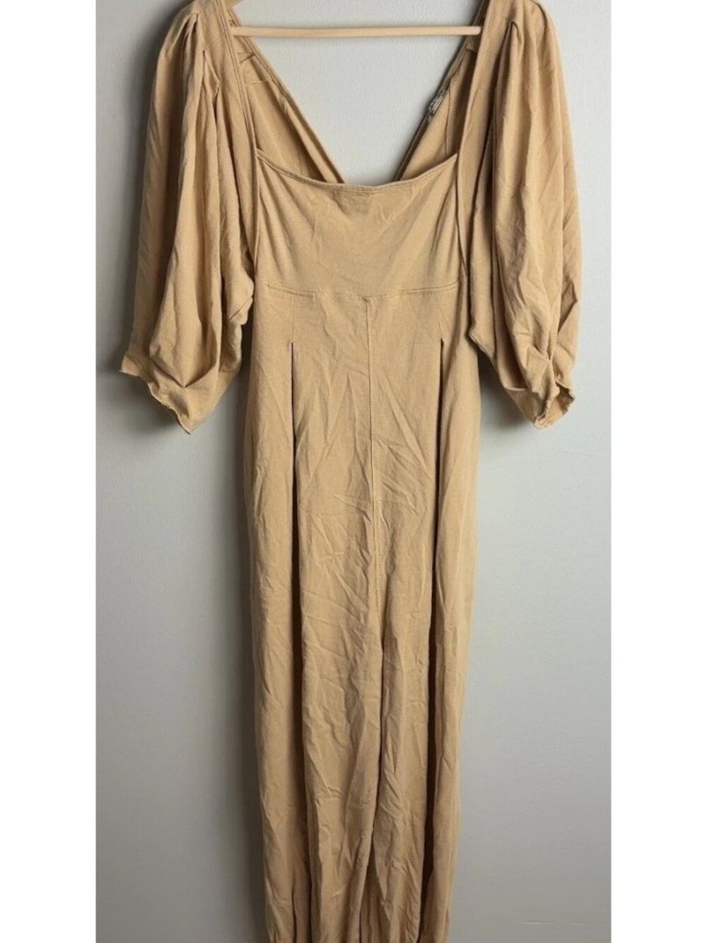 Free People Intimately Tan Puff Sleeve Jumpsuit Beige Cotton Knit Size XS Womens